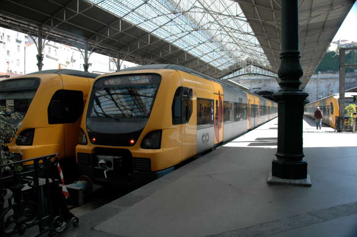 Three passenger trains in Central Station, Porto, Portugal